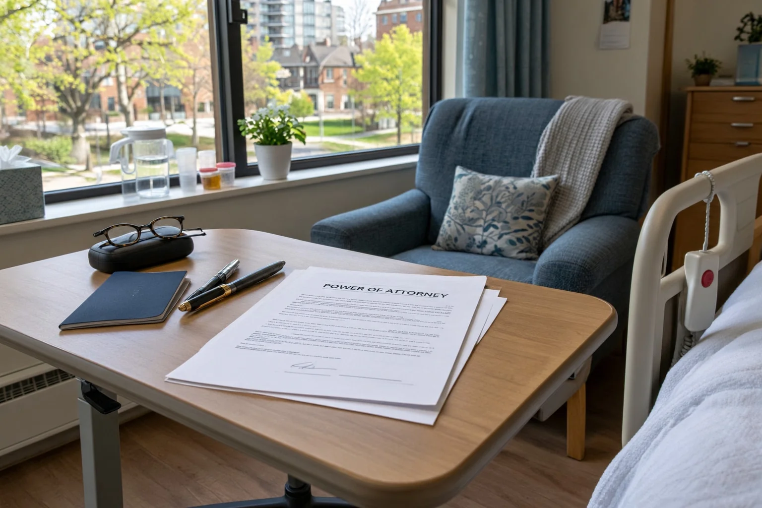 Over-bed table in a long-term care room set with an unsigned power of attorney, passport and reading glasses