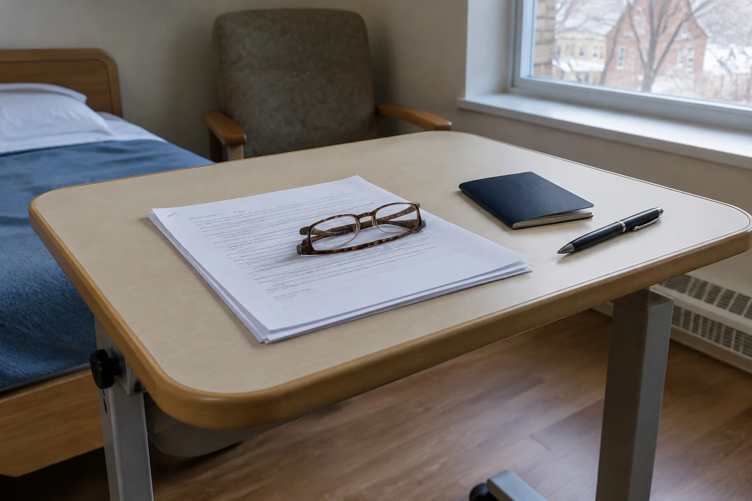 An over-bed table in a care home room set with an unsigned document, reading glasses and a closed Canadian passport