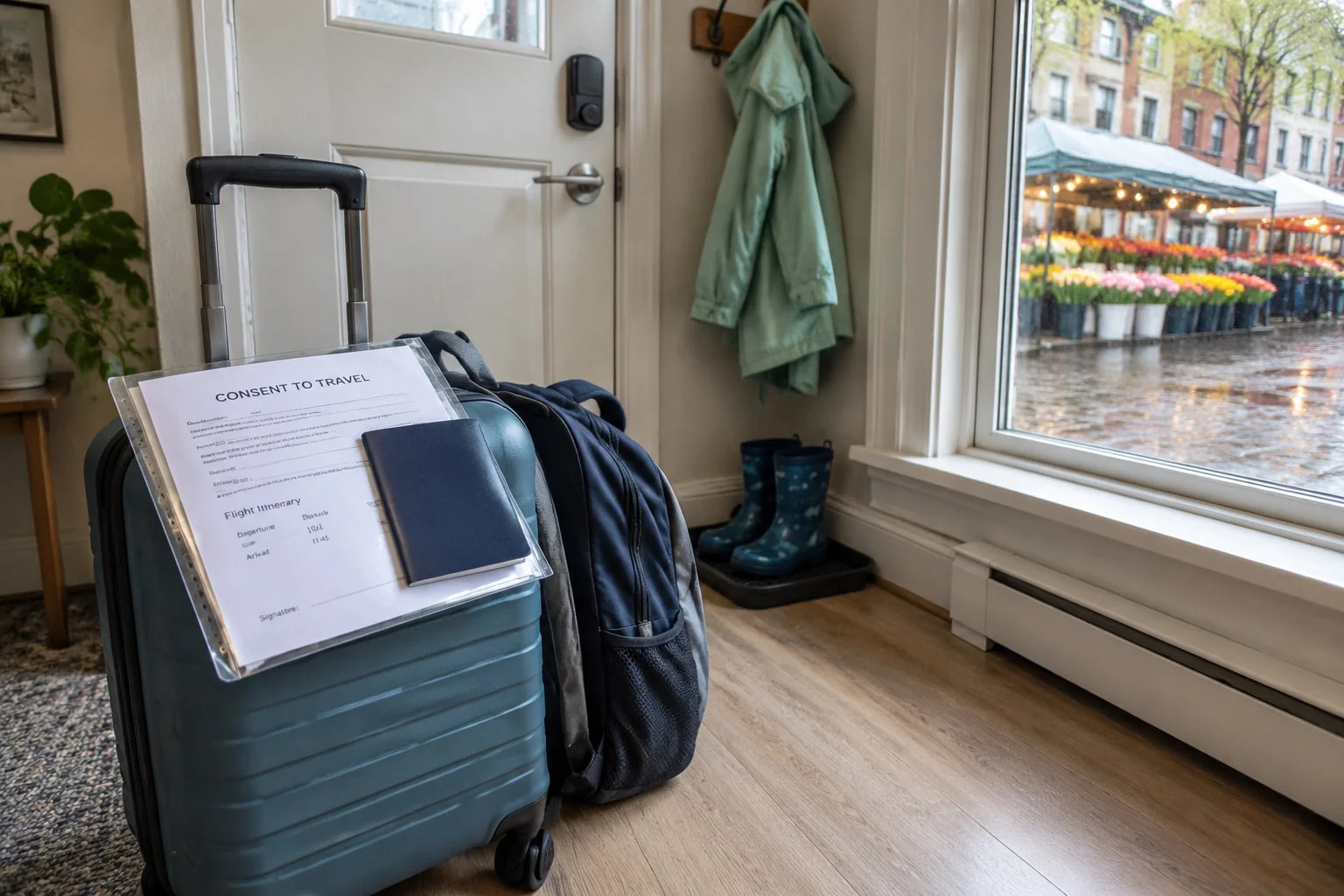 Child's packed suitcase by the door with an unsigned travel consent letter and passport the night before a flight