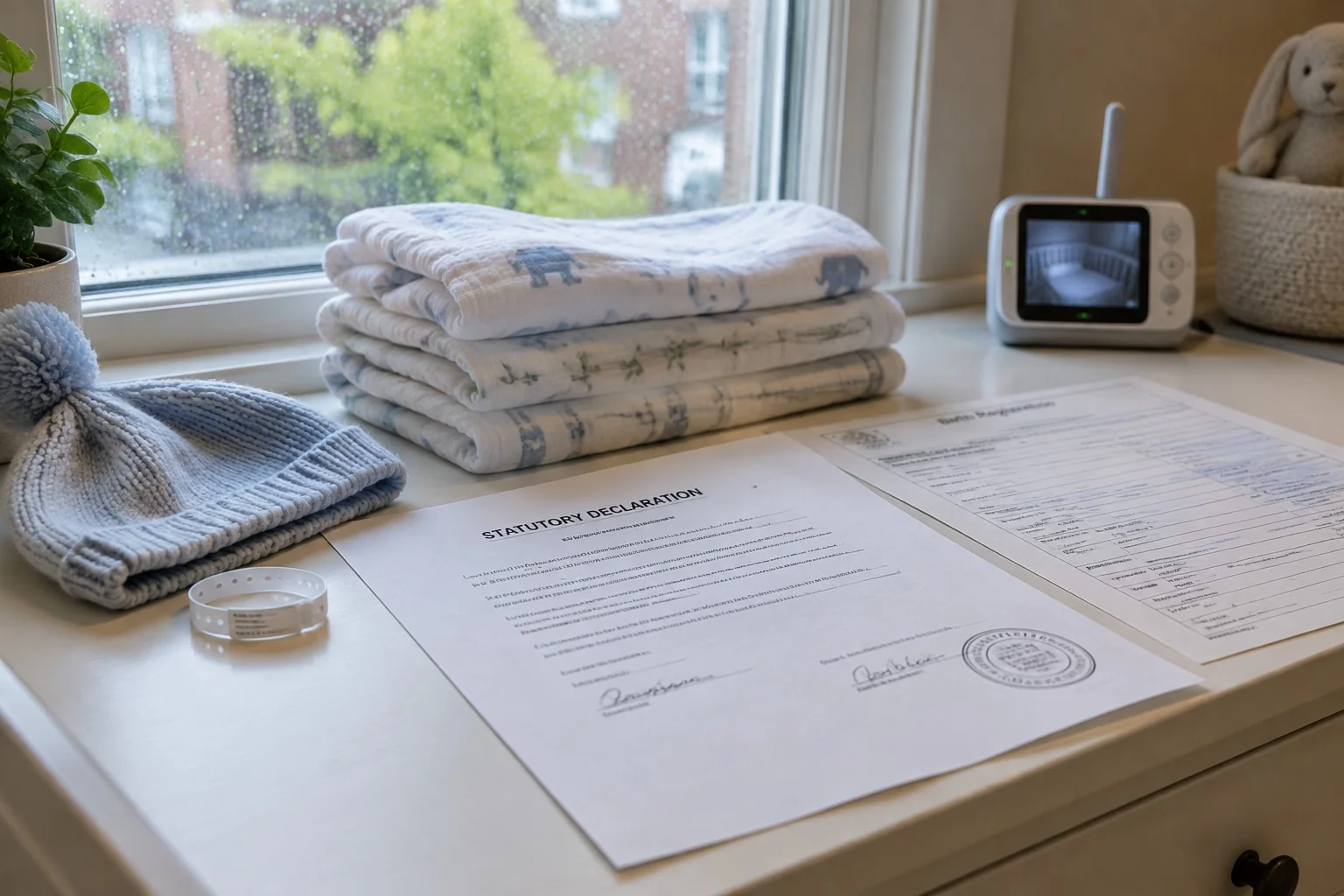 Commissioned declaration affirming parentage on a nursery dresser beside a newborn's hospital bracelet and baby hat