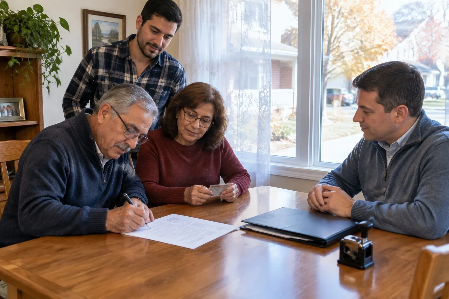 Retired parents signing a down-payment gift letter for their son in front of a notary on a home visit