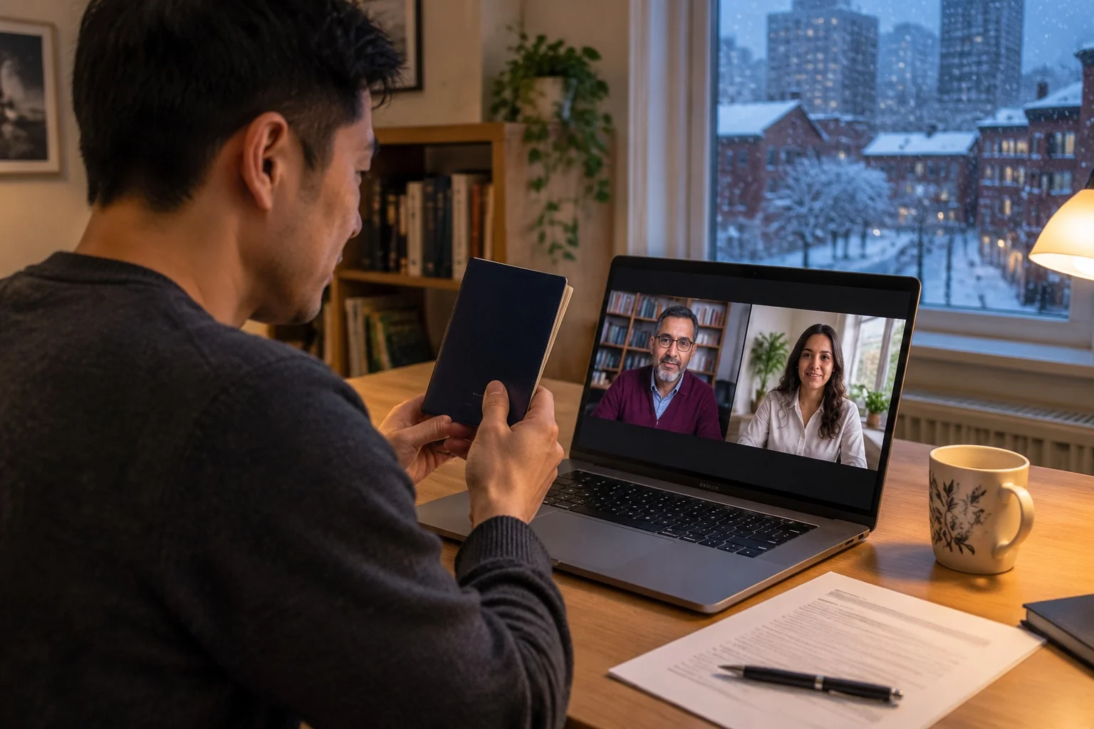 A man at his desk in Canada on a winter evening on a video call, the laptop screen showing the notary in one tile and his partner abroad in another