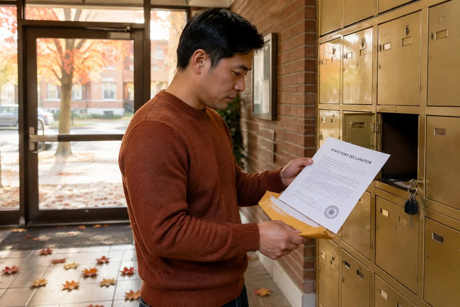 Partner opens a courier envelope holding the common-law declaration sworn abroad, at the apartment mailboxes