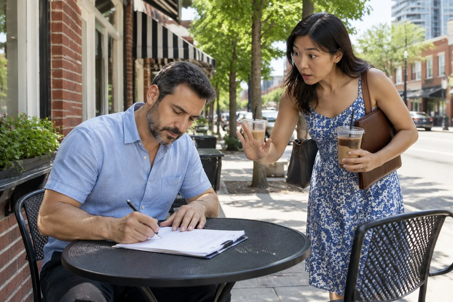 Business owner pre-signing a contract at a cafe before the notary appointment as his partner rushes to stop him
