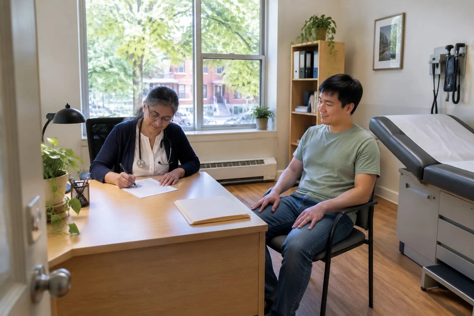 Seen from the doorway, a family doctor signs a one-page statement at her clinic desk while her long-time patient waits beside the desk, a summer afternoon