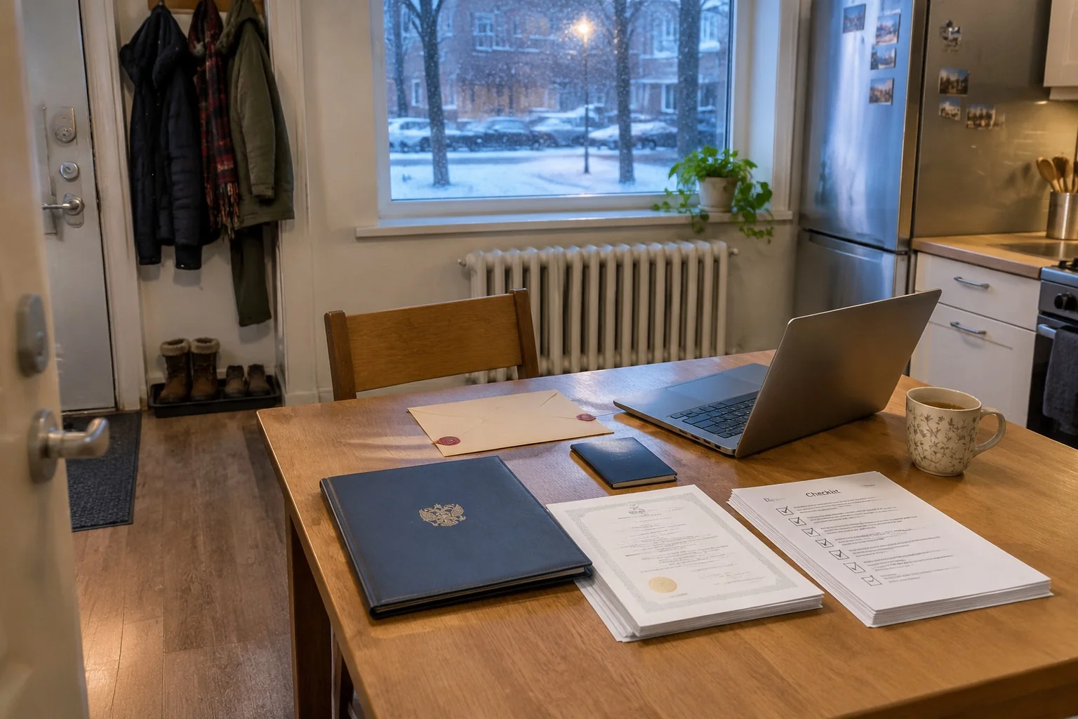 Kitchen table covered with a degree, sealed transcript, passport and checklist for a PEO engineering application