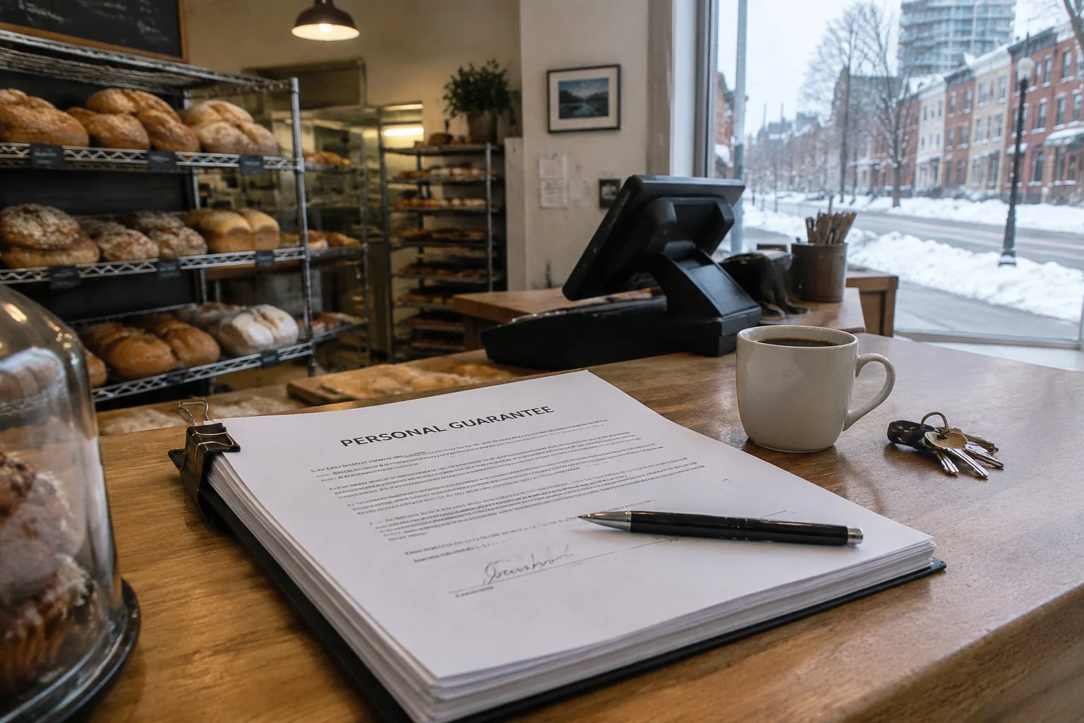 Loan papers open at the personal guarantee page on a bakery counter before opening, a contract a lender may ask to notarize