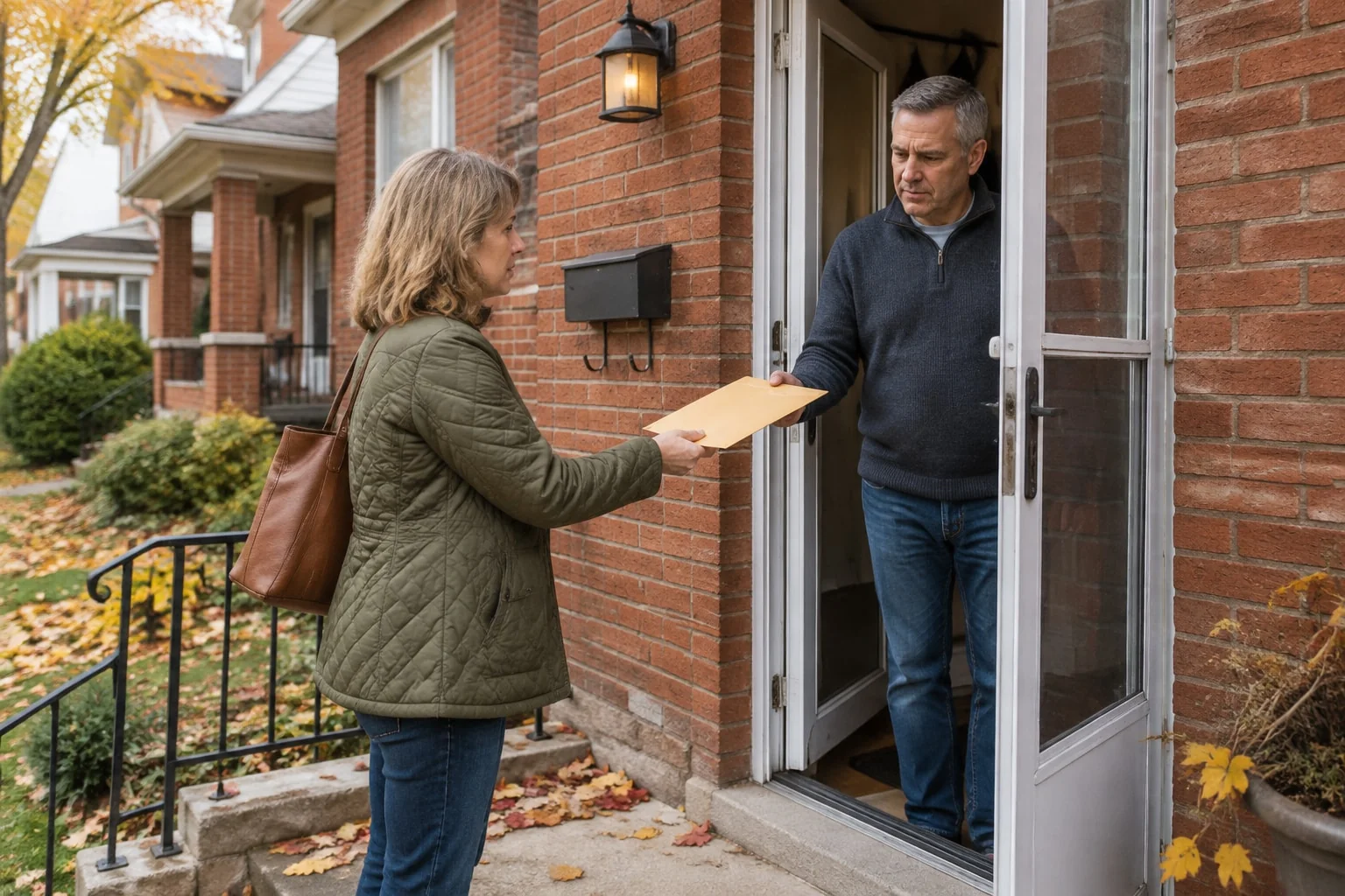 Woman personally serving Small Claims Court papers at a front door, the service a Form 8A affidavit later proves