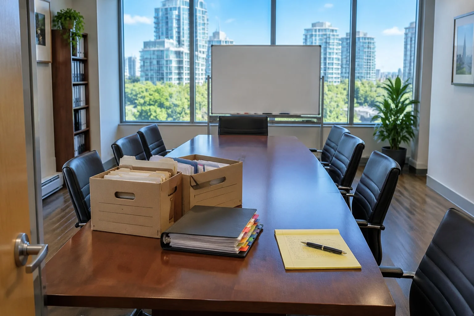 Banker's boxes and a thick probate binder in a law-office boardroom, the estate work that lies beyond the notary