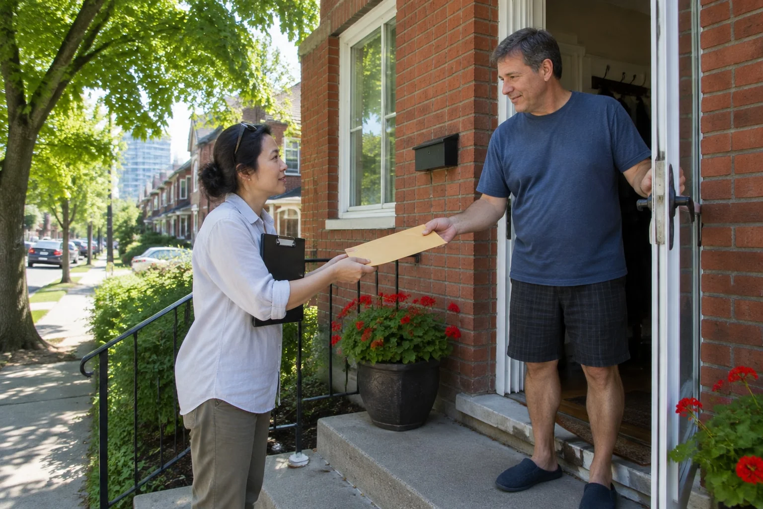 Process server handing family court papers to a man at his front door in summer, the service a Form 6B affidavit proves