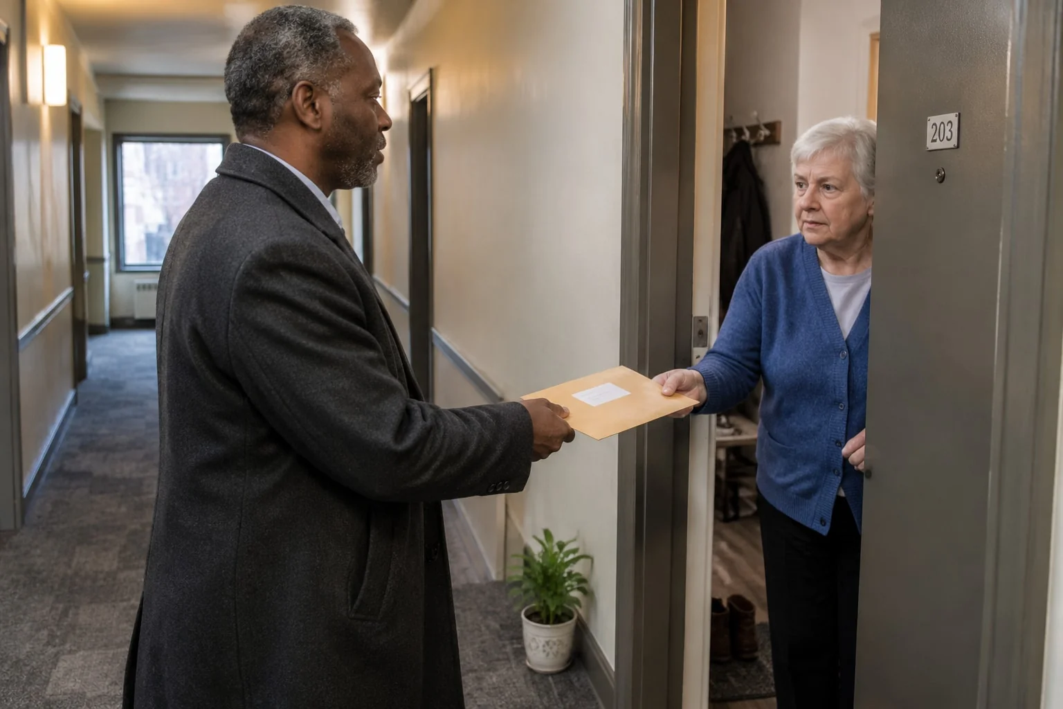 Process server hands a sealed envelope of court documents to a woman at the door of her apartment in an Ontario low-rise building