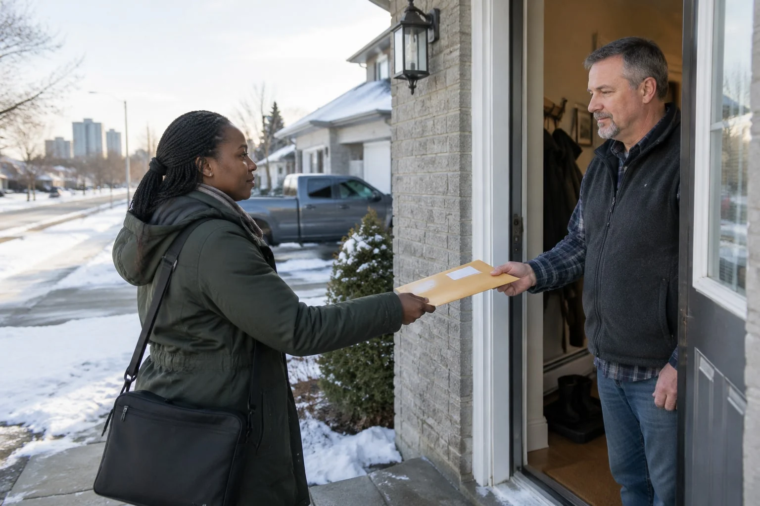 Process server hands an envelope of court papers to a man at the front door of a house on a wide suburban street in early winter