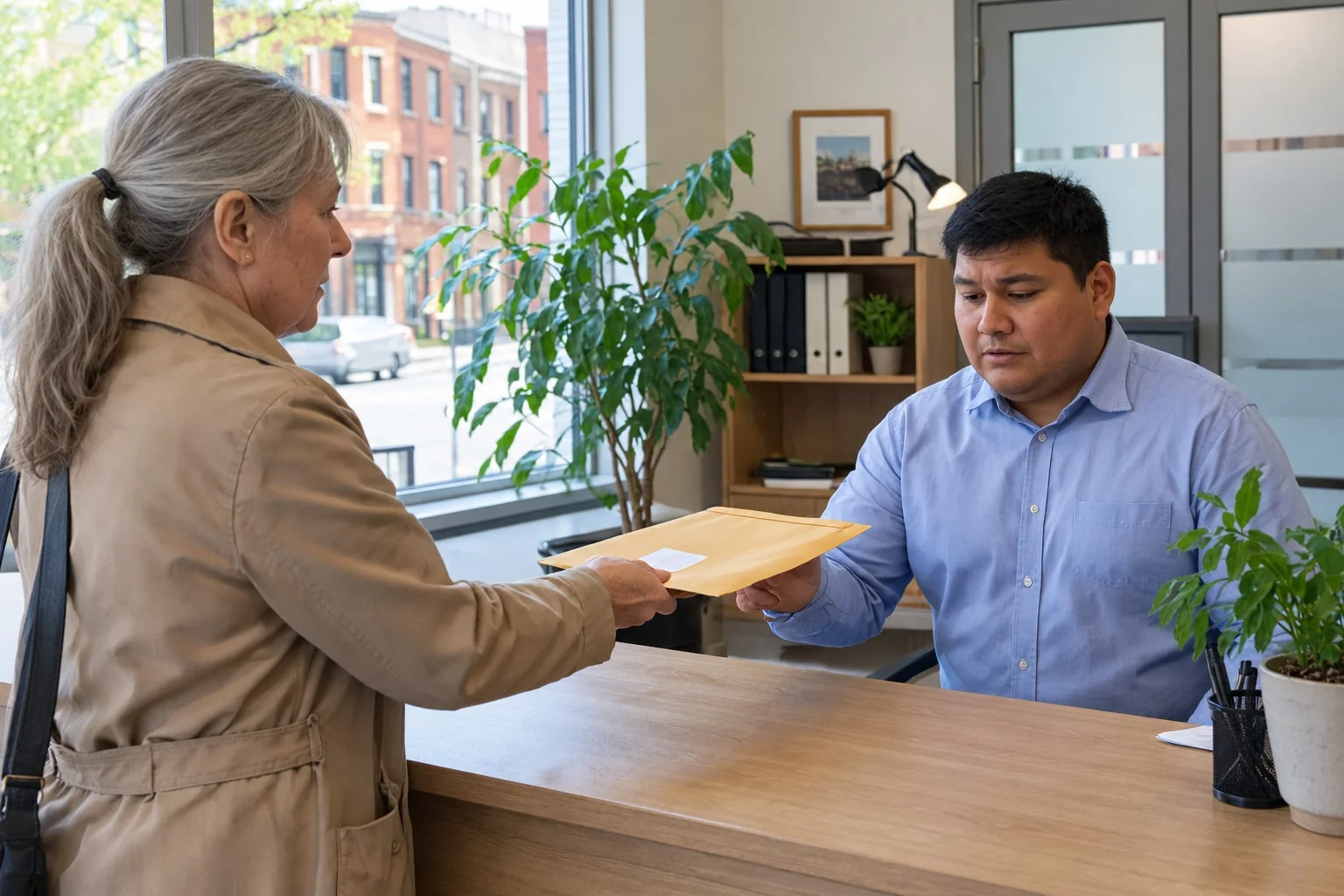 Process server hands a sealed envelope of Superior Court documents to a man at the reception desk of a small Ontario office