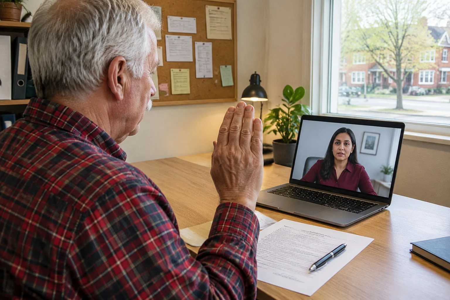 Process server raises his right hand to affirm his affidavit of service on a laptop video call with a notary in her home office