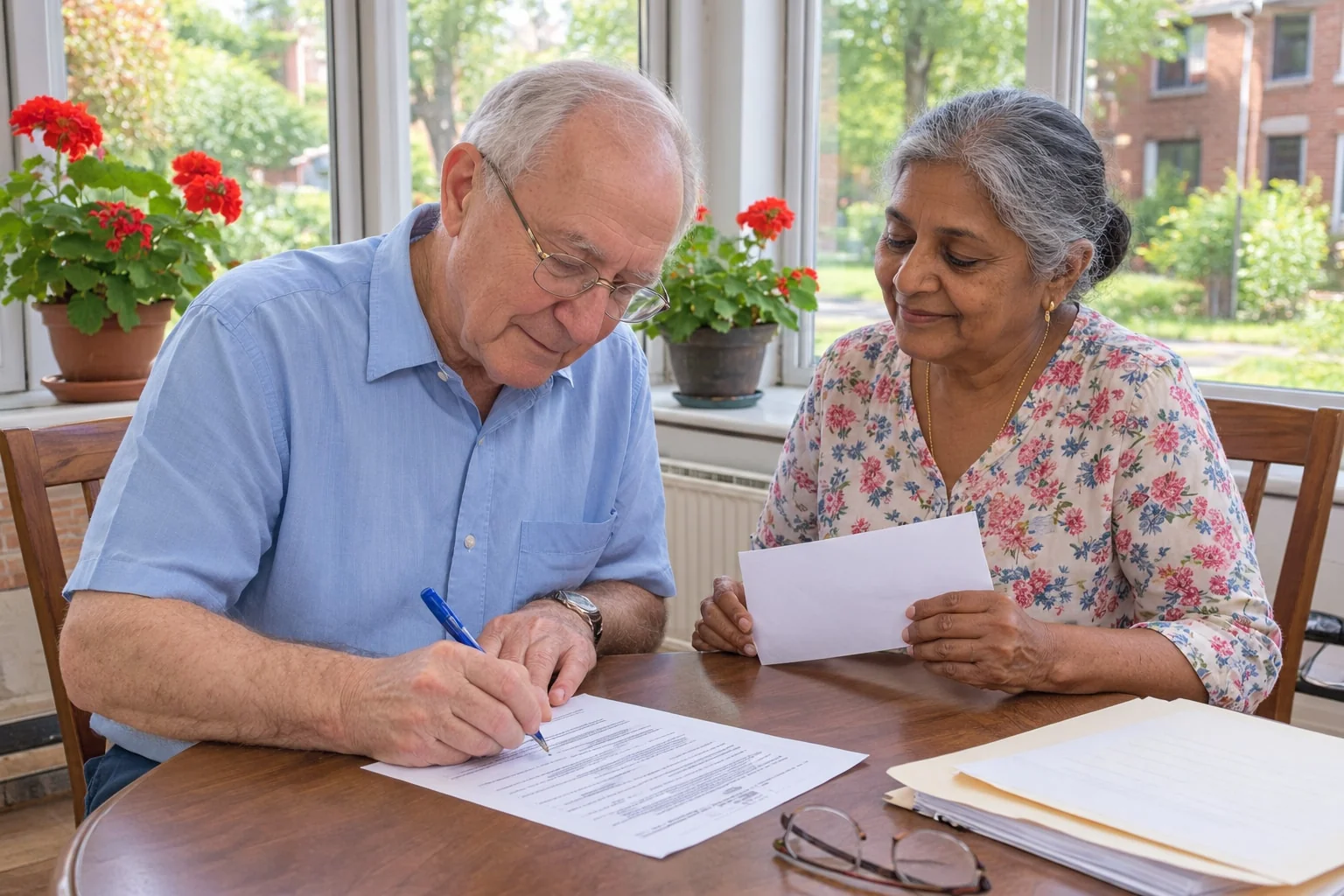 A retired couple at a sunroom table on a summer afternoon, the husband signing a pension form while his wife holds the return envelope