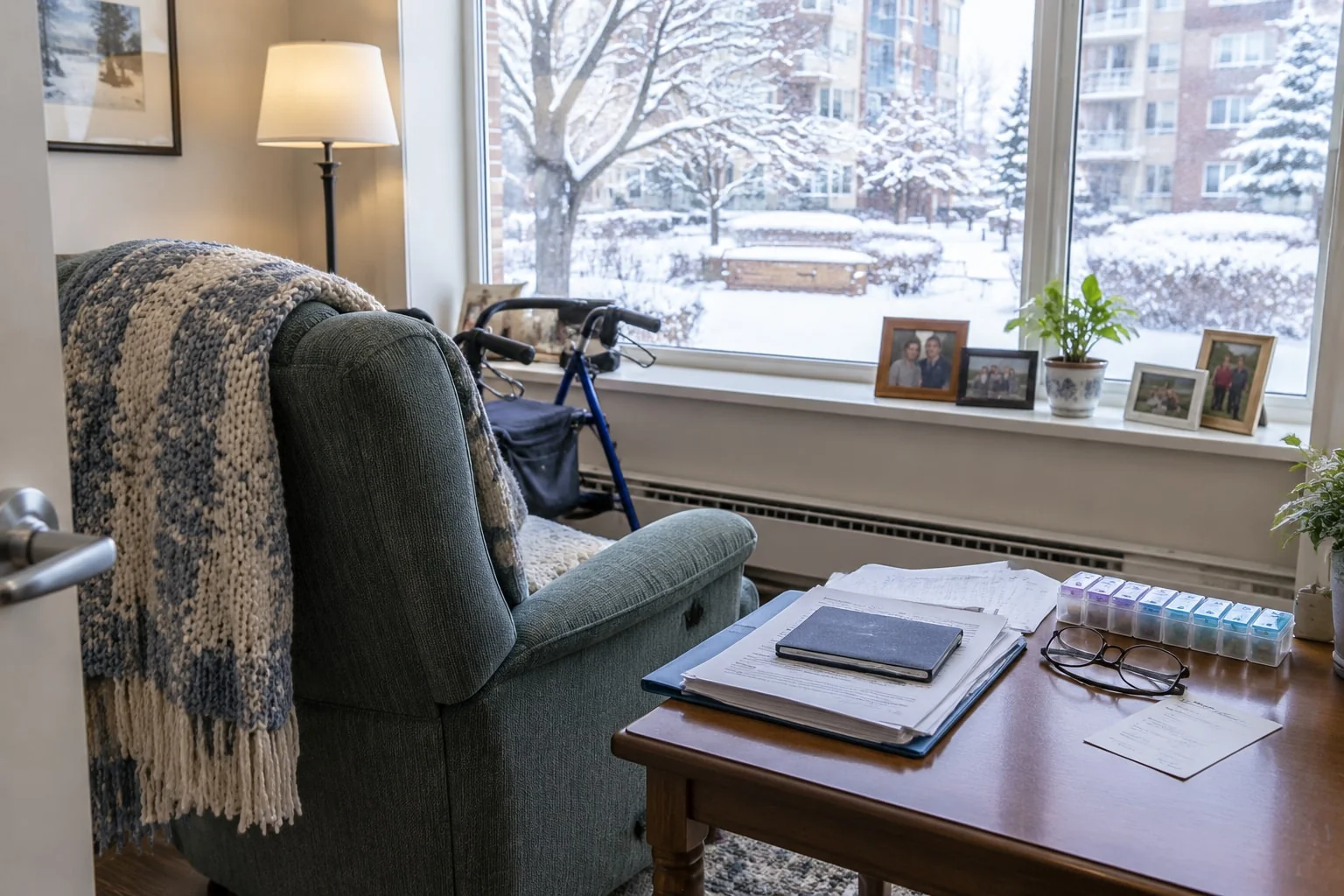 Bills and a chequebook beside a pill organizer in a retirement residence room: the two sides of a POA