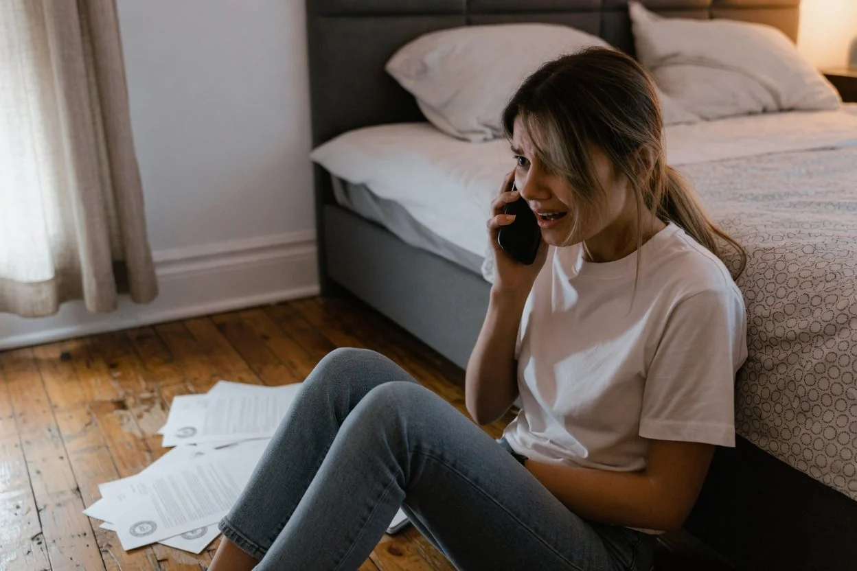 An adult at a kitchen table at night, phone in hand, looking up same-day notary Ottawa options