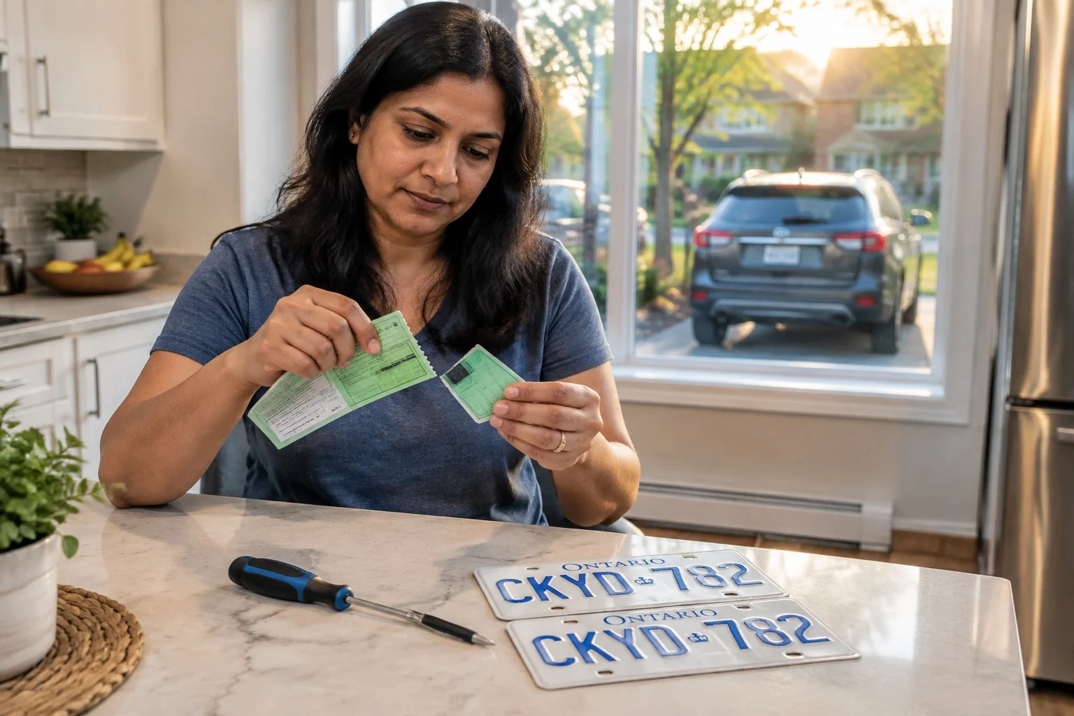 Seller tears the plate portion off her Ontario vehicle permit beside the licence plates she is keeping