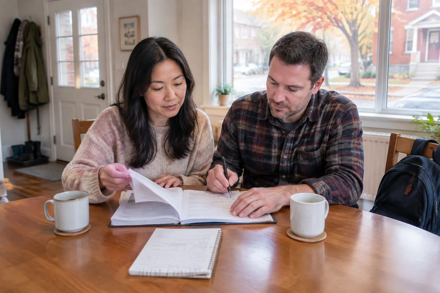 Separated couple reviewing a joint divorce application together at their kitchen table in Ontario