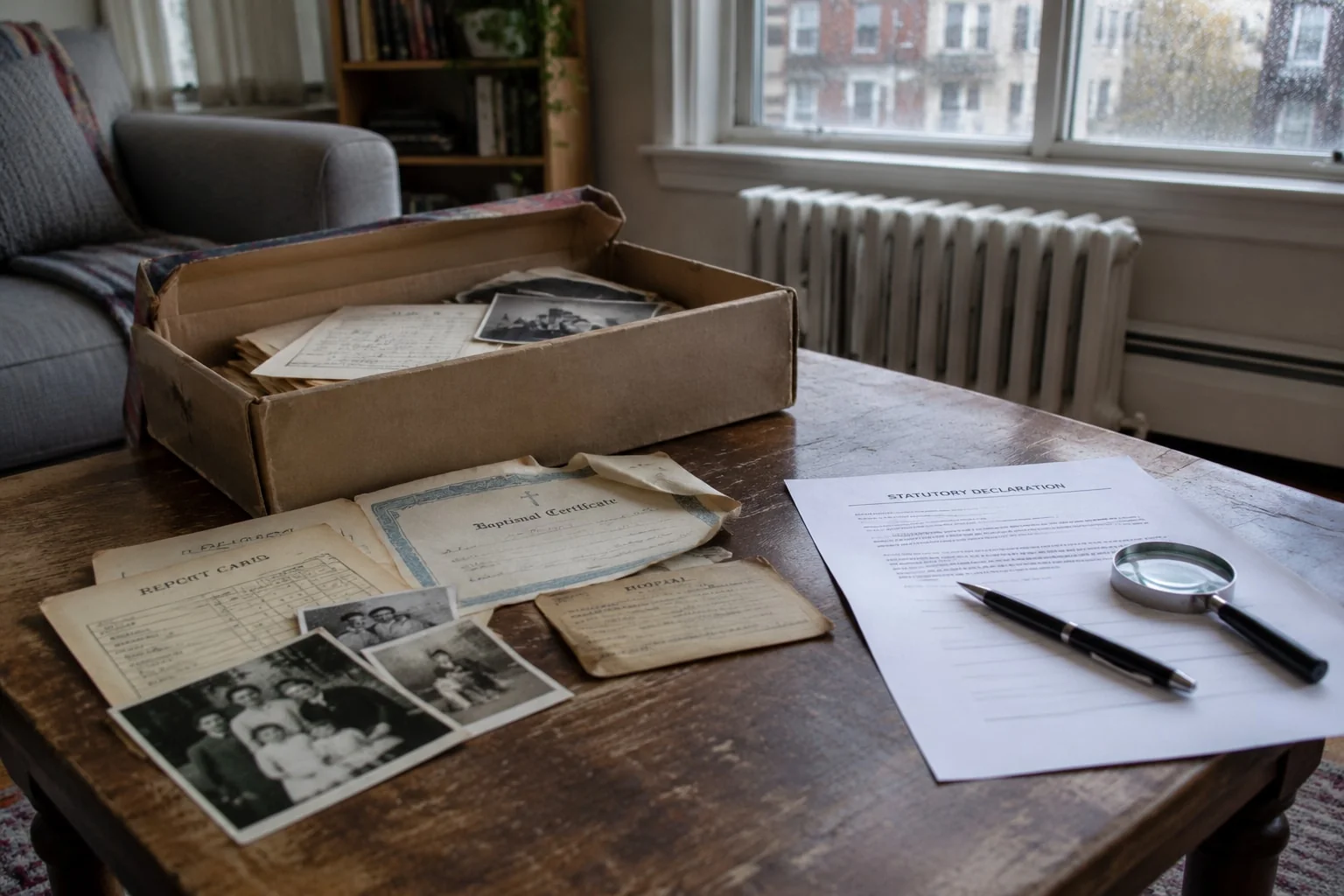 Shoebox of old school, church and hospital records beside an unsigned statutory declaration for a delayed birth registration