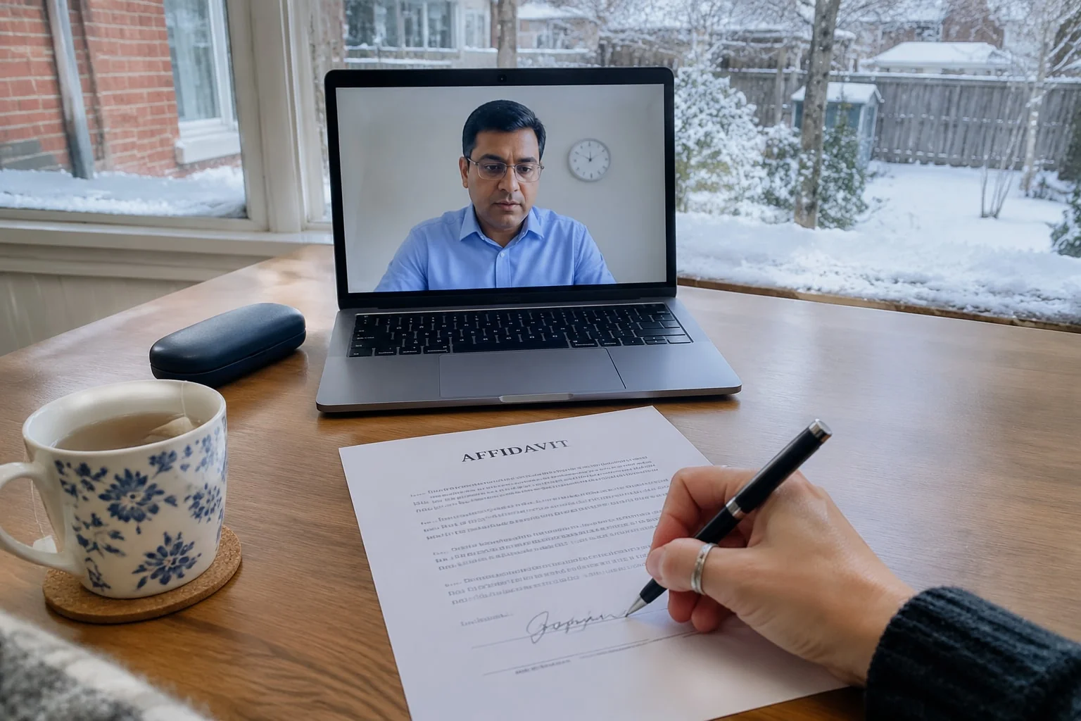 Signing an affidavit at home while the notary watches on the laptop during a live video call