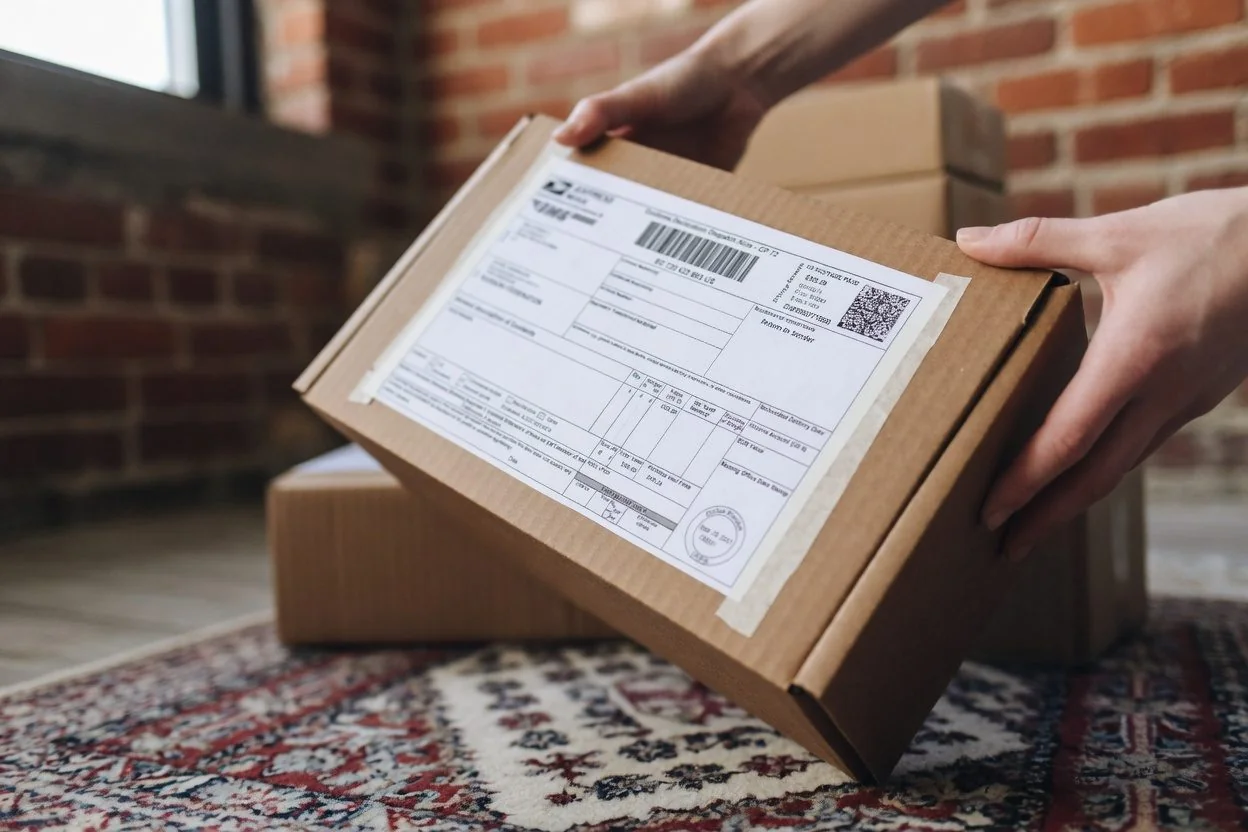 Stack of apostilled documents and an envelope ready for international courier from an Ottawa office