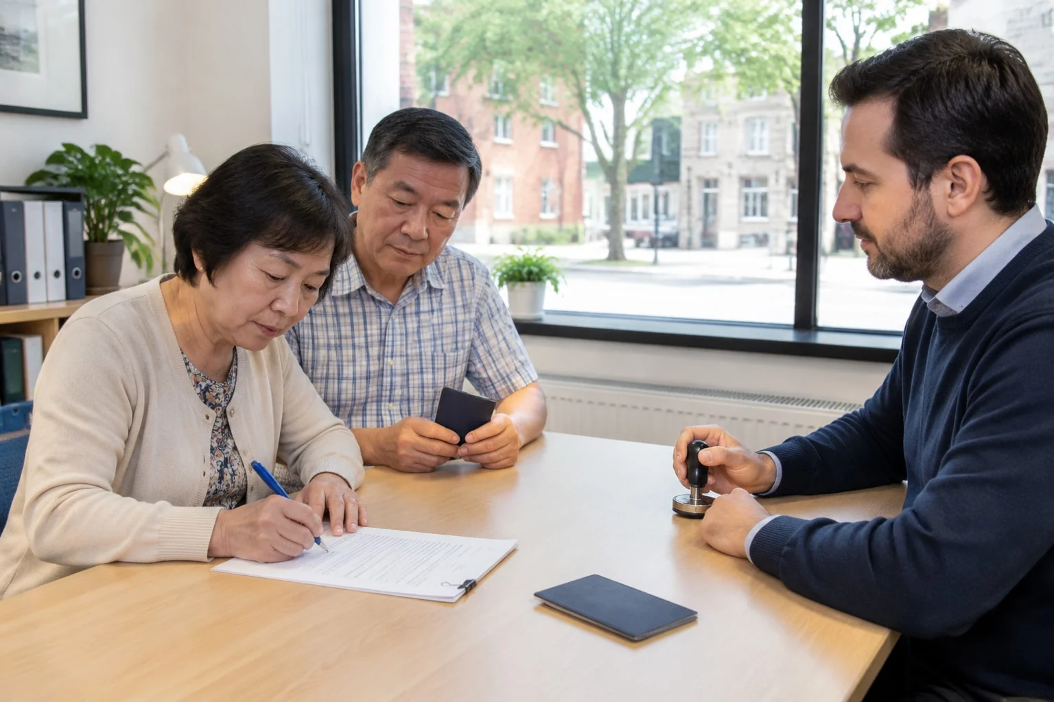 Spouse signs the consent page of a locked-in account form at a notary's desk while the account owner waits, a passport on the desk