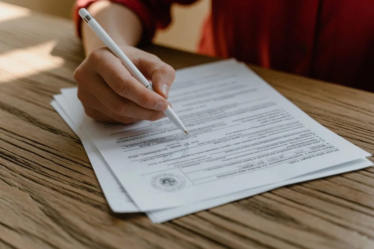 A document and pen on a desk, representing a statutory declaration of residency