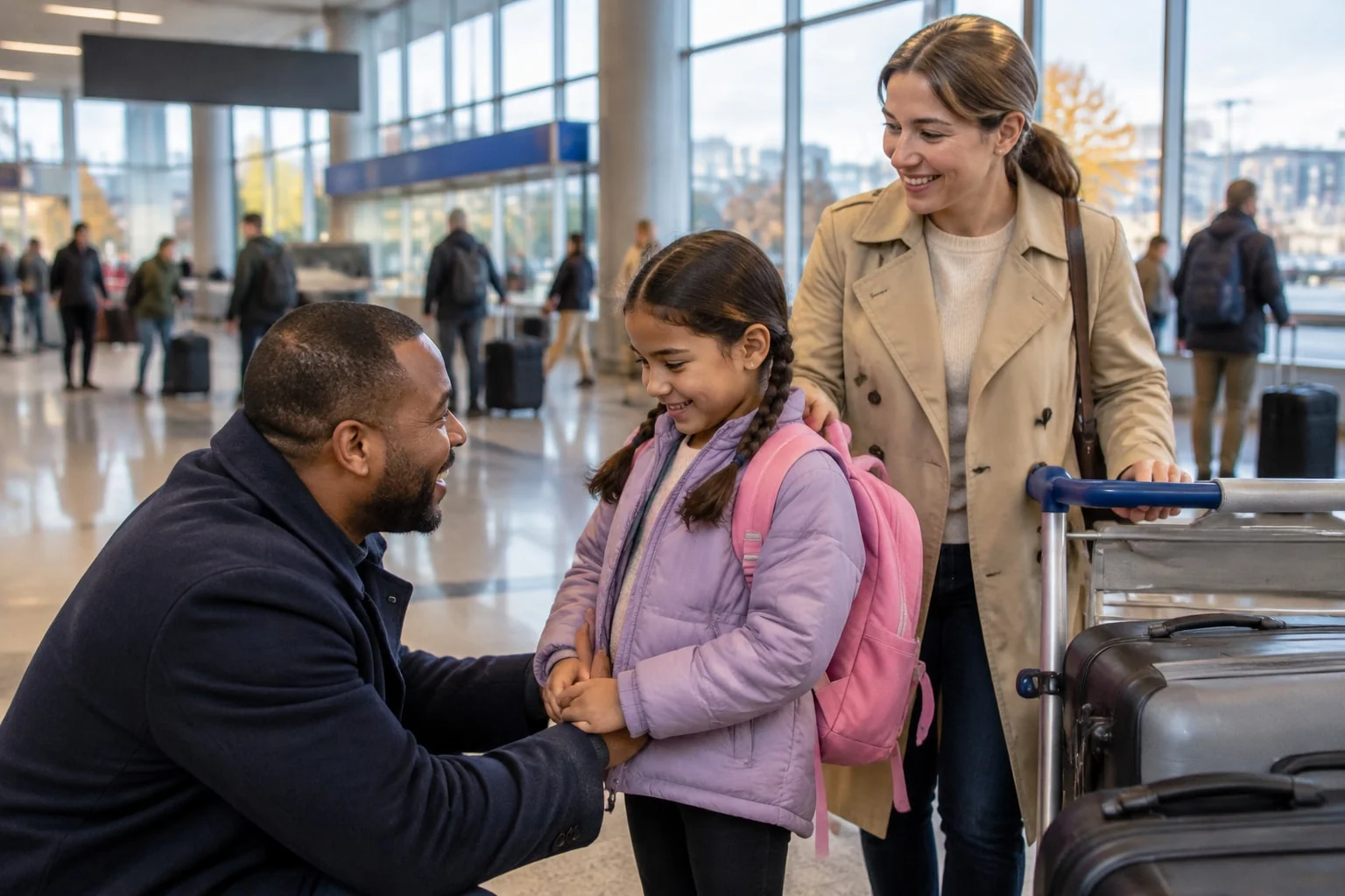 A man welcomes his wife and her young daughter with their suitcases at a Canadian airport arrivals hall