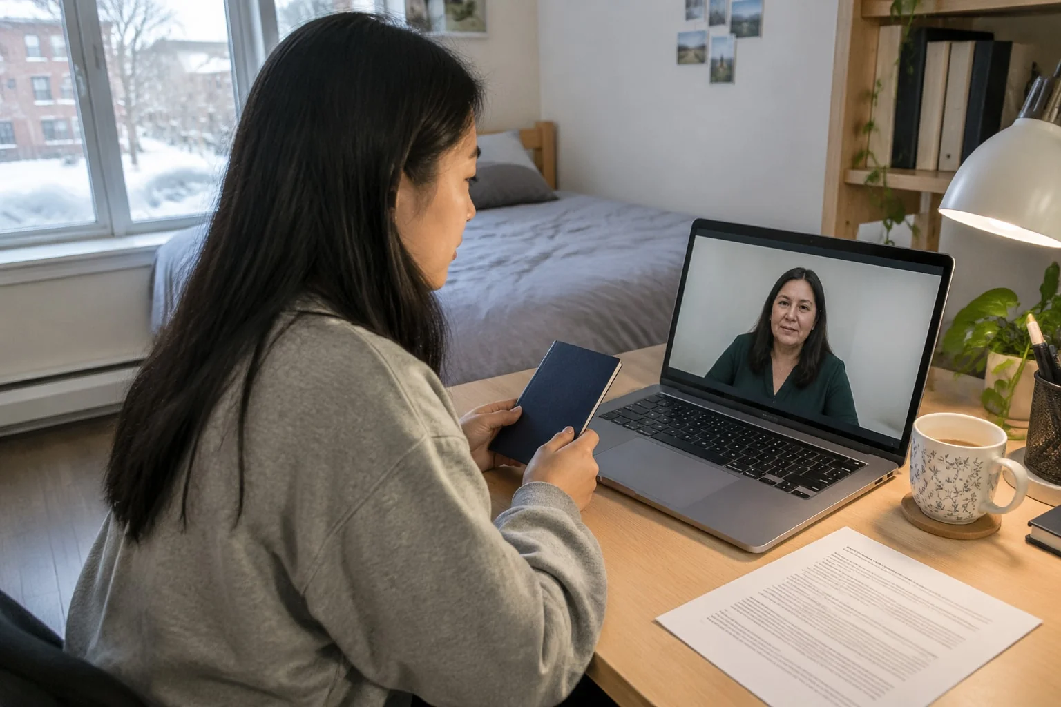 An international student at a residence desk holds her passport closed beside her laptop while a notary on the screen listens