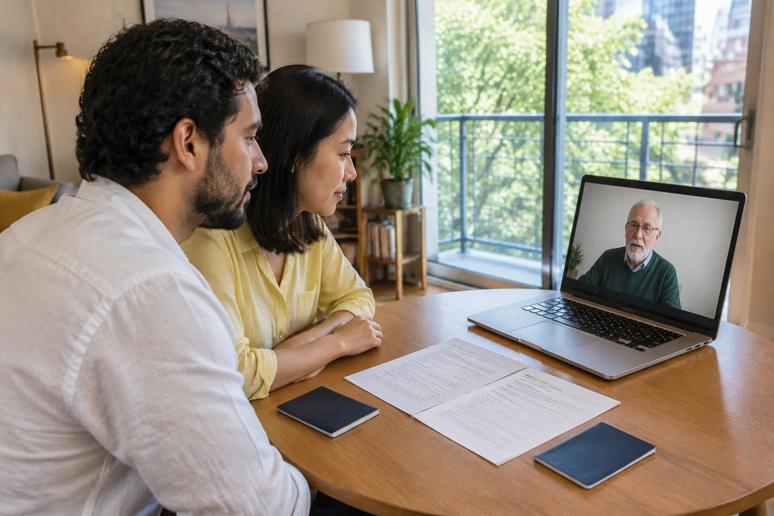 A student couple sit side by side at a small apartment table, both facing one laptop on which a notary is speaking