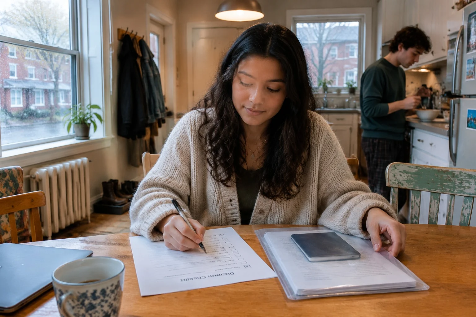 Student packs her original degree, passport and a printed checklist into a folder the night before her notary visit