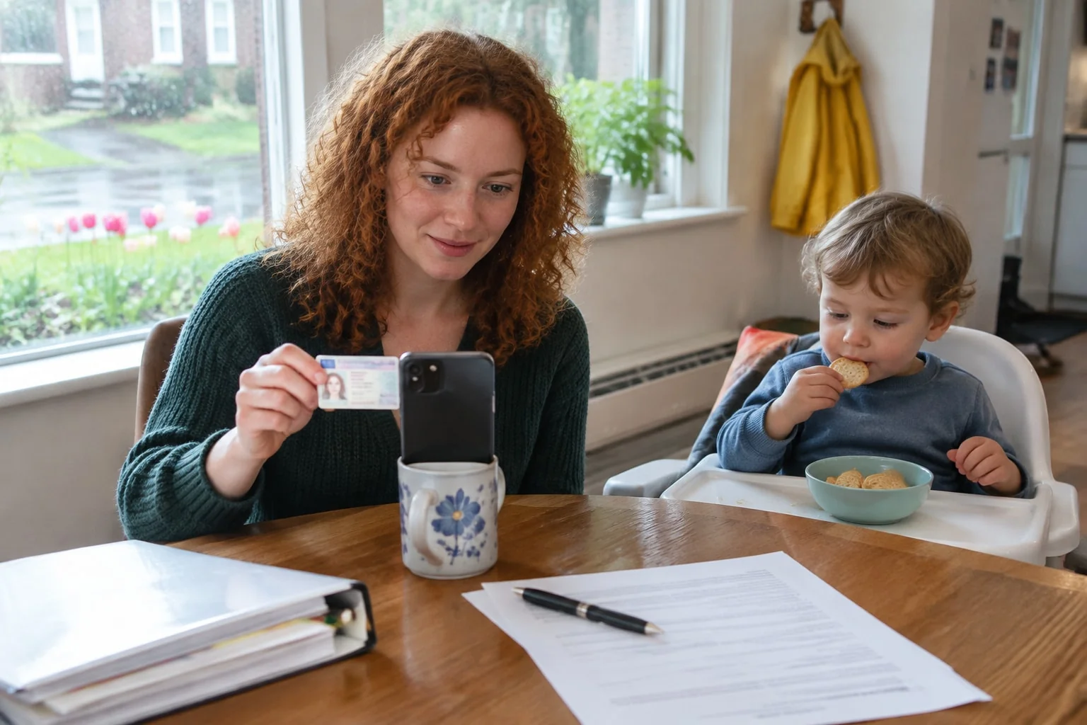 A student parent shows her ID on a video call to swear an OSAP sole-support affidavit, her toddler beside her