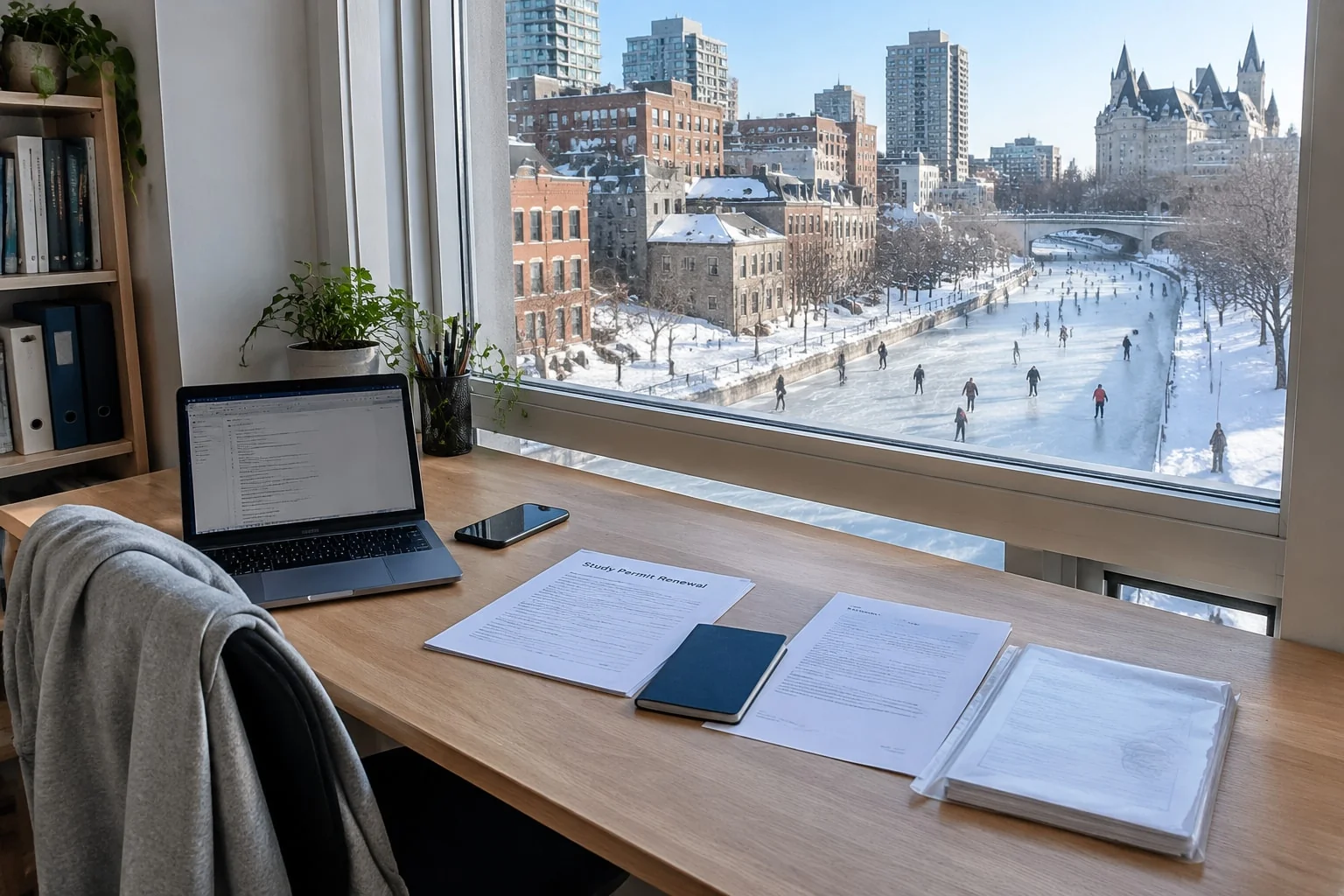 Study permit renewal package with passport and certified copies on a desk overlooking the frozen Rideau Canal