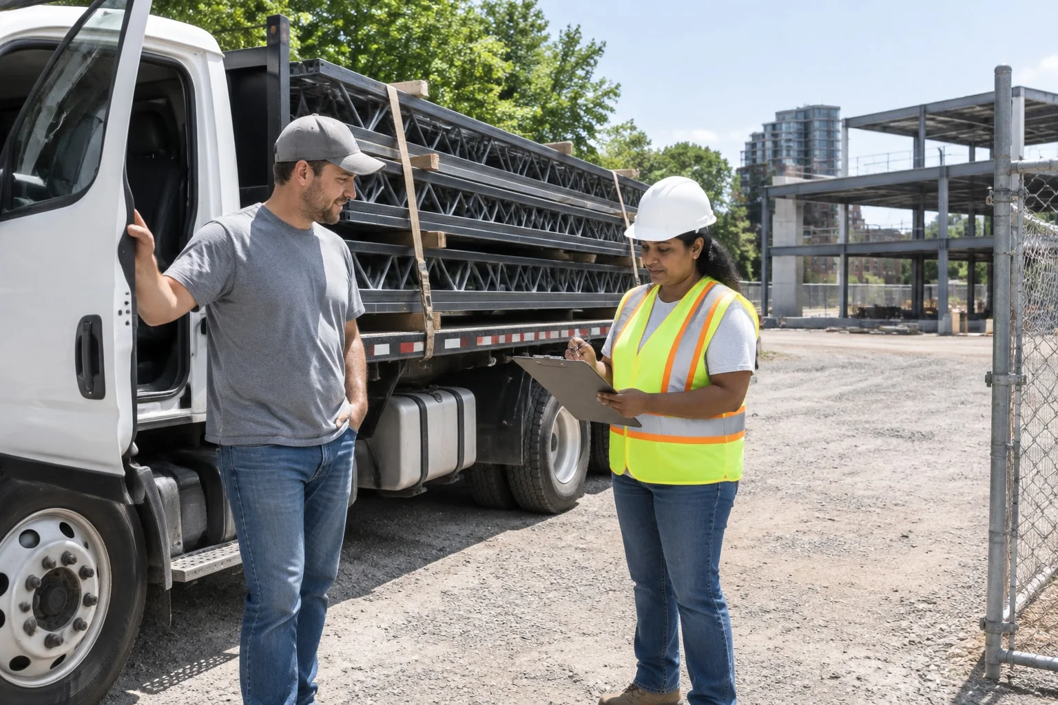 A supplier's flatbed truck delivers steel joists to a fenced construction site in summer while the site superintendent checks the delivery slip