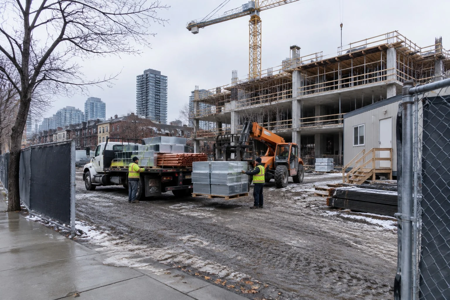 A supplier's truck unloads ductwork at an Ontario job site: the trades and suppliers a CCDC 9B declares were paid