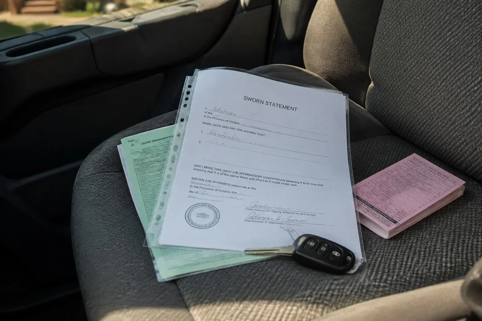 The sworn family-gift statement, signed by both and stamped, on the car seat with the ownership permit and key