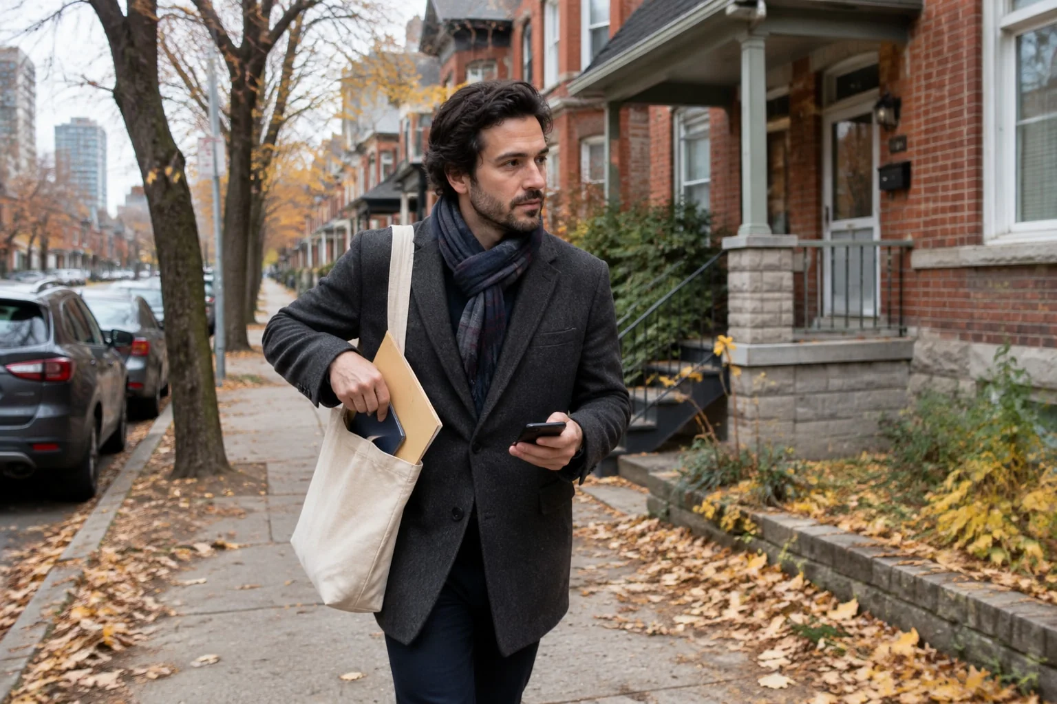 Teacher walking along an Ottawa street with his original teaching certificate and freshly certified copies in hand