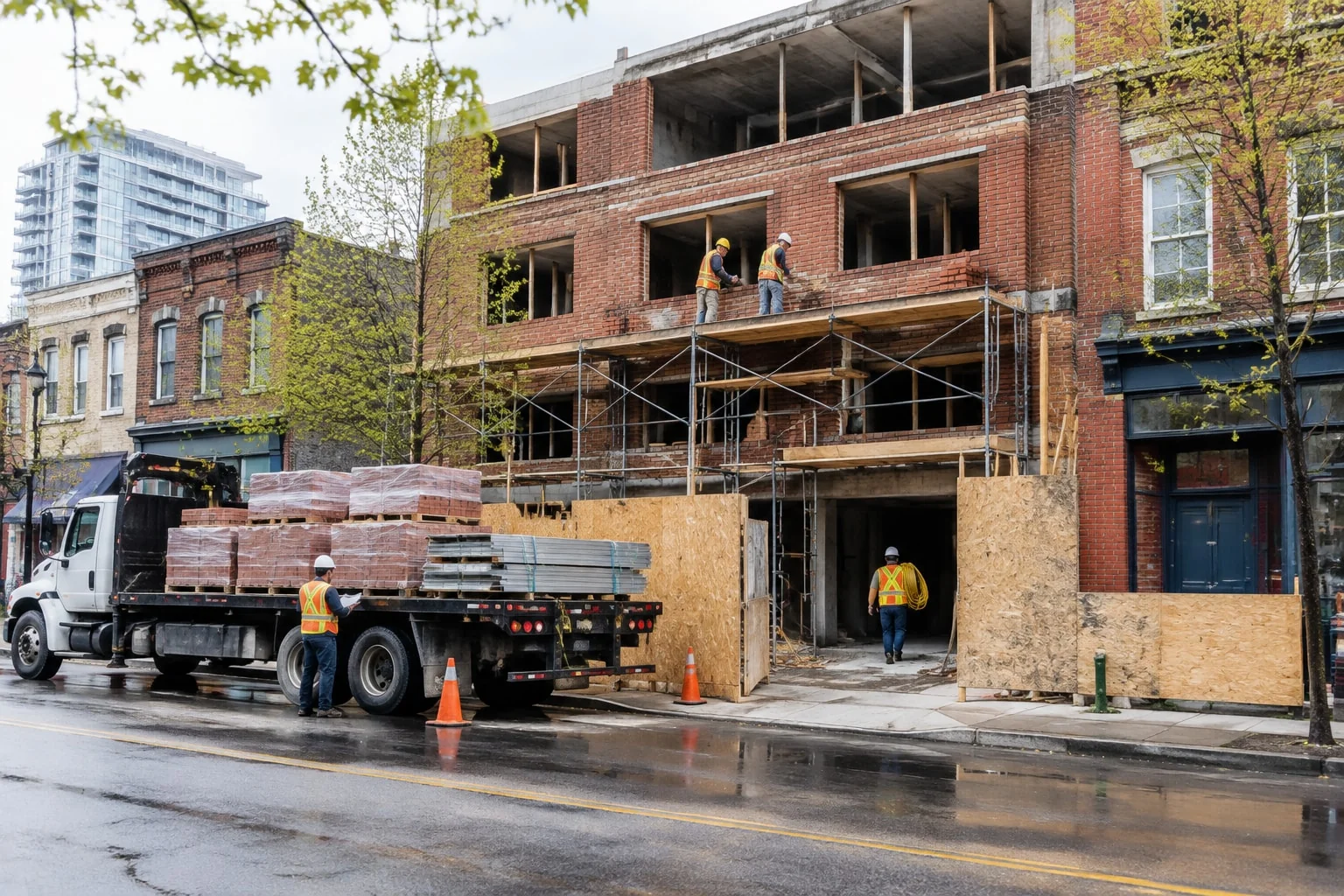 Masons, an electrician and a supplier's delivery on a spring building site, the trades a CCDC 9A declares paid