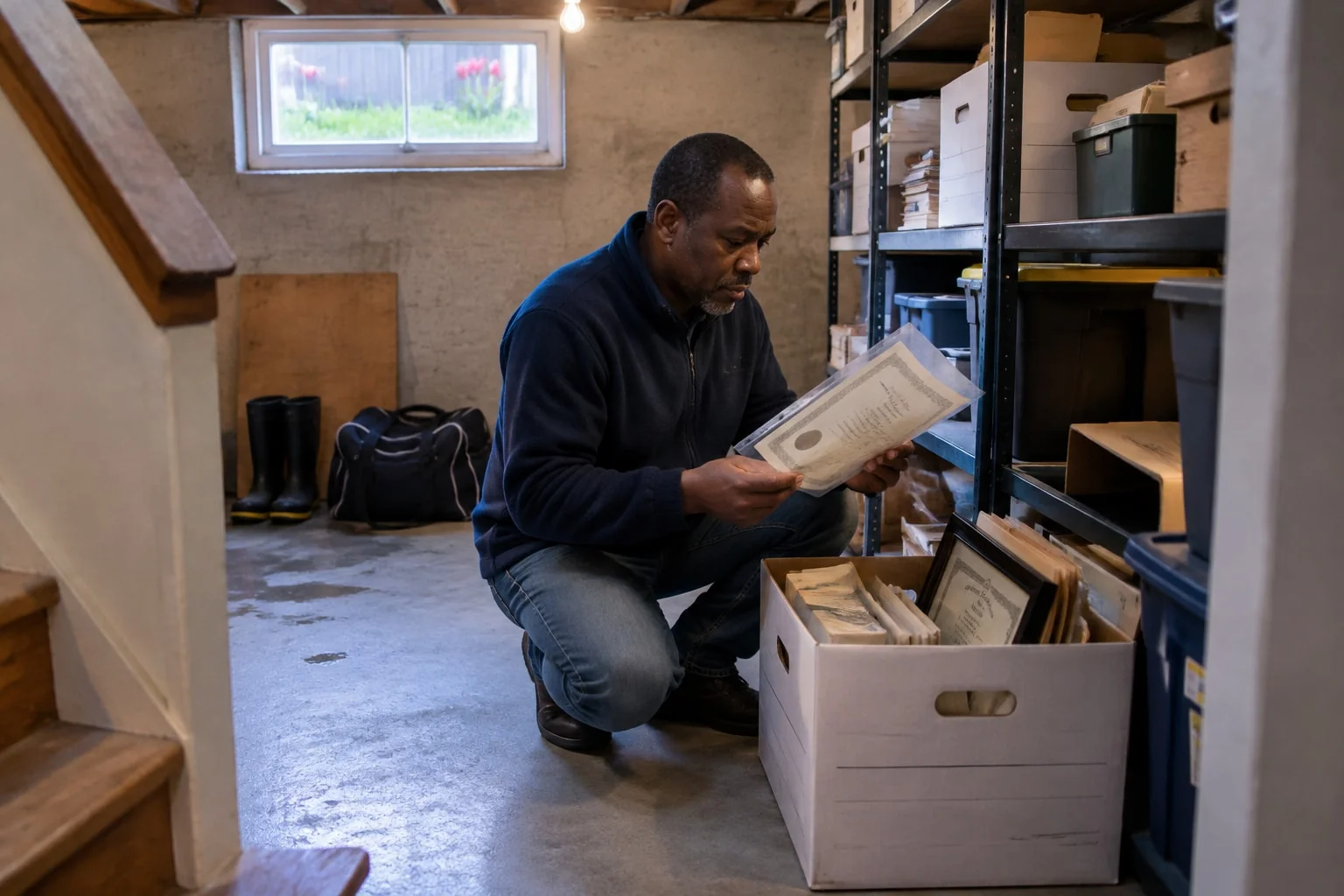 Tradesman searches a basement storage box for his original certificate, a common hurdle before notarization