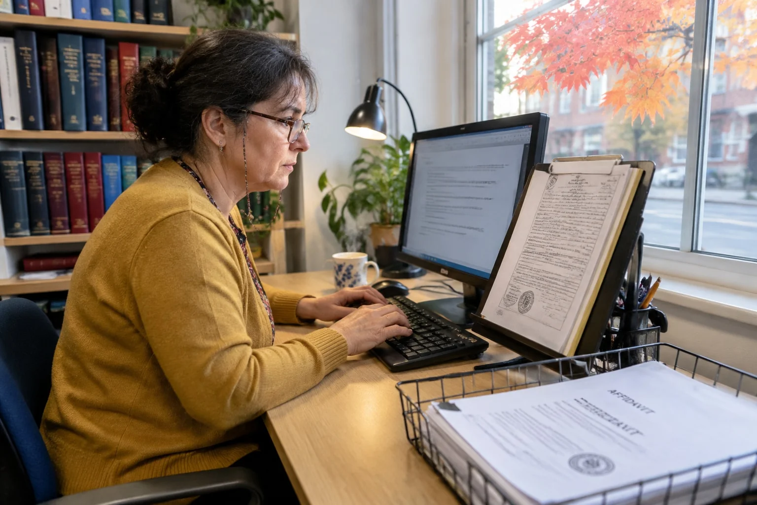 Translator checks her English translation against a foreign birth certificate copy for a work permit translation package