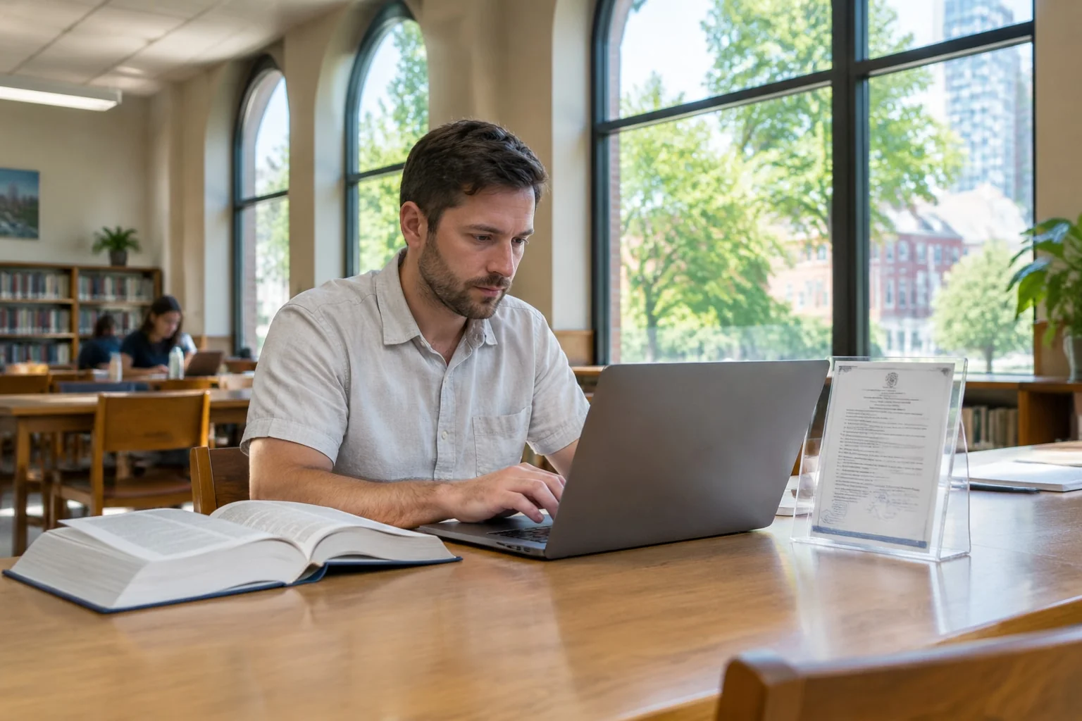 Translator in a library translating a foreign birth certificate into English before swearing his affidavit