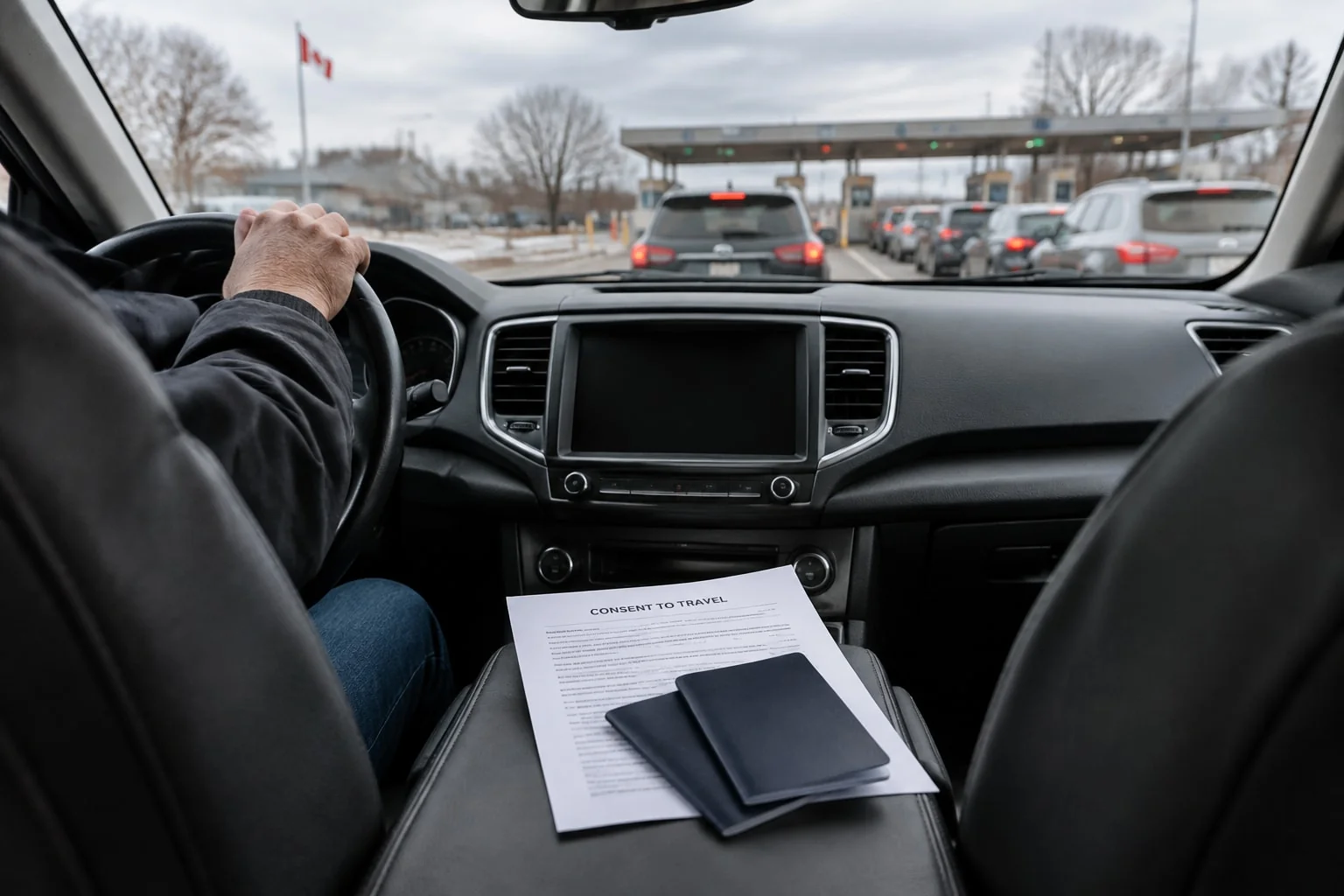 Travel consent letter and two passports on a car's centre console in the line at a land border crossing