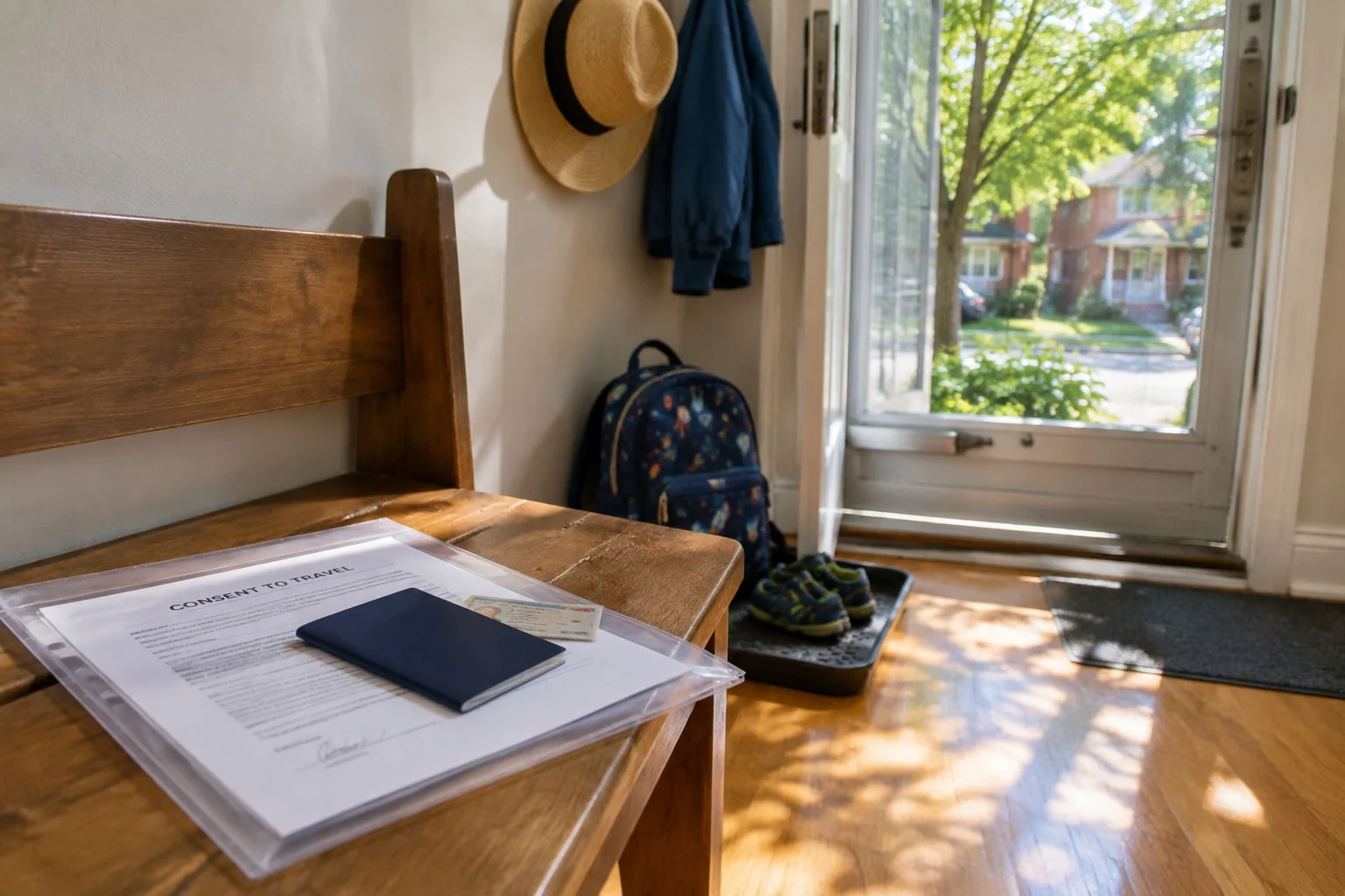 Unsigned travel consent letter, child's passport and parent's licence in a folder by the door before a same-day notary visit