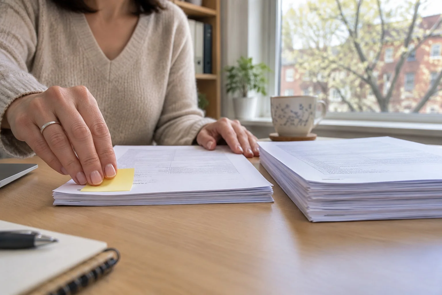 Two stapled financial statements of different thickness lie side by side on a desk while a hand presses a yellow sticky note onto the thinner one