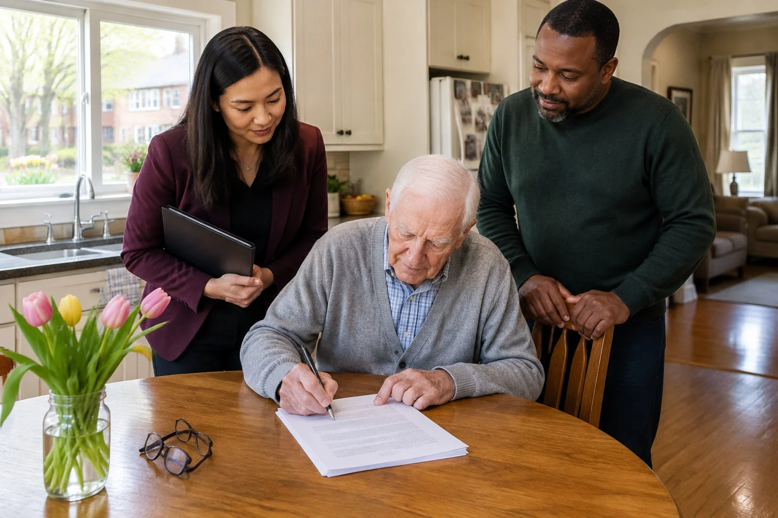 Two witnesses stand together and watch an older man sign his will at his kitchen table
