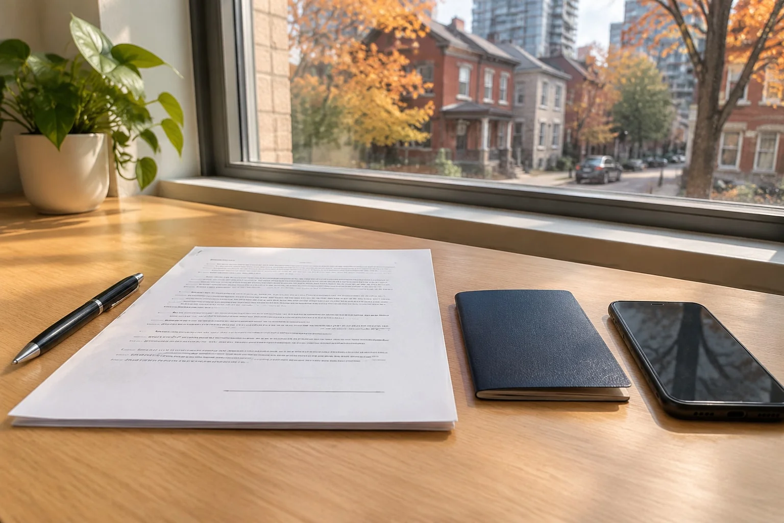 An unsigned declaration, a closed Canadian passport and a phone laid out on a desk in the afternoon light