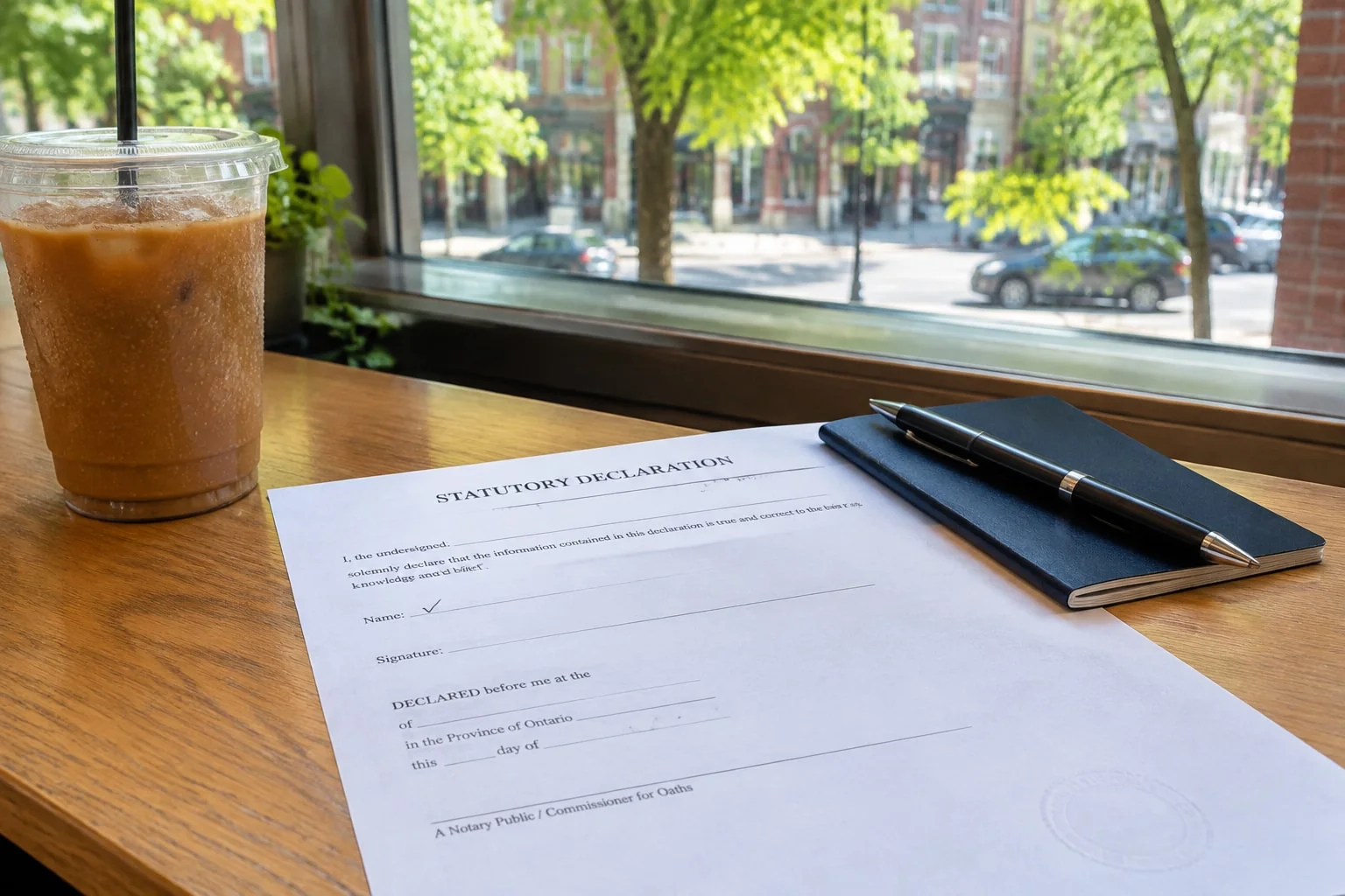 Drafted single status declaration, unsigned with its notary block blank, beside two passports on a café counter