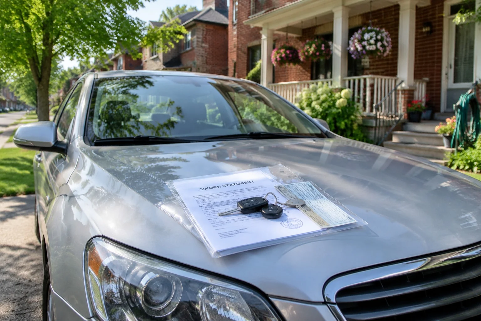 Used sedan in a sunny driveway with the sworn family-gift statement, vehicle permit and keys on the hood