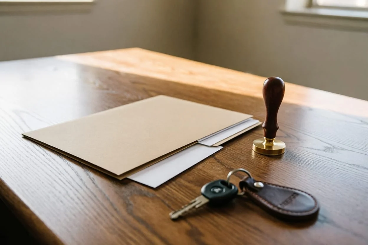 A closed document folder with a blank sheet beneath it, a notary seal press and a set of car keys on a wooden desk